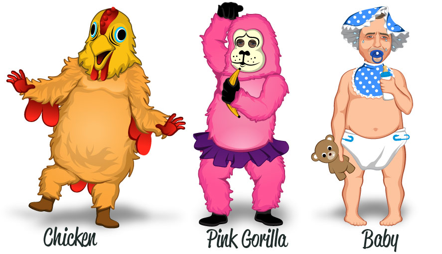 Popular costumes Dancing Chicken, Pink Gorilla and Mad/Crying Baby